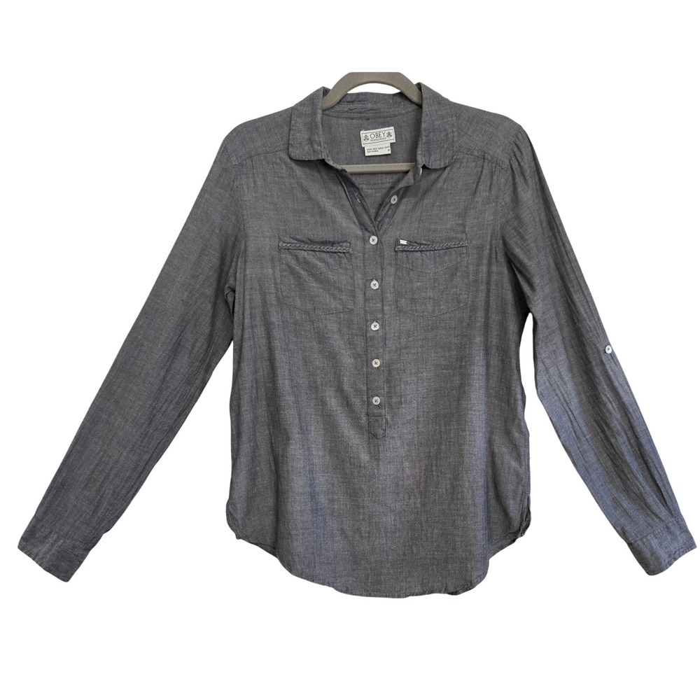 Obey Propaganda Womens M Chic Gray Cotton Braided Trim Button Up Chambray Shirt